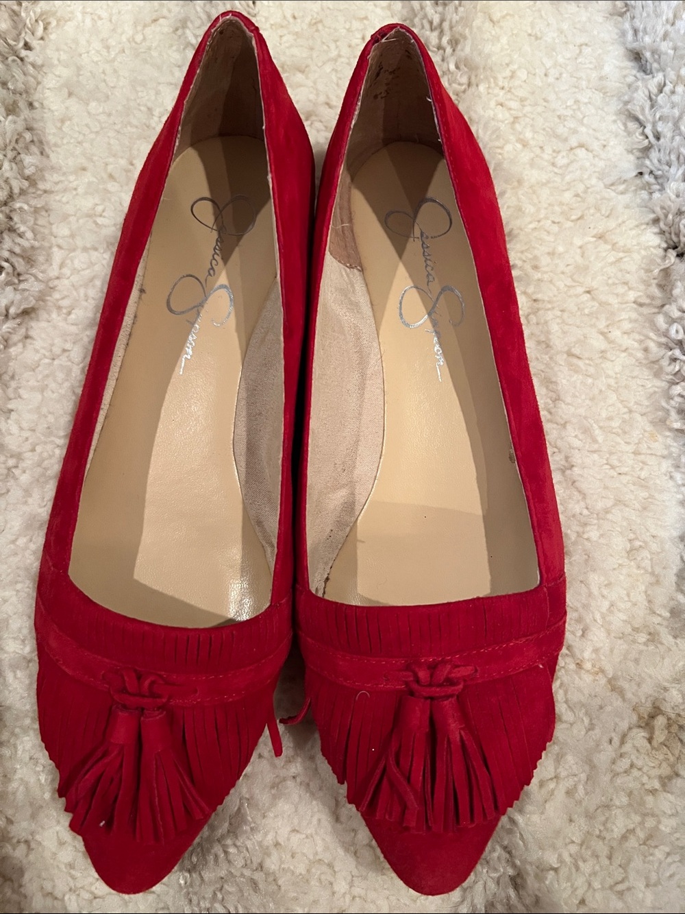 Jessica Simpson Red Suede Tassel Fringe Pointed-Toe Flats